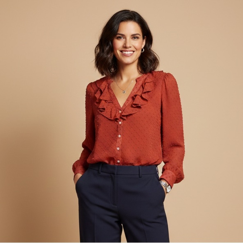 J Crew‎ Clip-dot Ruffle Button Up Shirt burnet